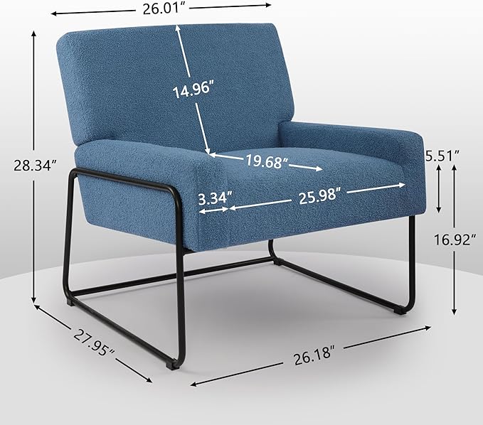 LSSBOUGHT Sherpa Accent Chair Modern Upholstered Single Sofa with Metal Legs Teddy Barrel Arm Chair for Reading Living Room Bedroom Office Blue
