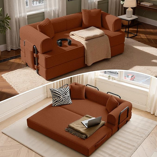 Convertible Corduroy Sleeper Sofa Bed with Cylindrical Pillow Folding Mattress Couch with Fixed-Shape Frame Floor Sofa Lounge Couch for Living Room Bedroom Lounge Studio Red Brown