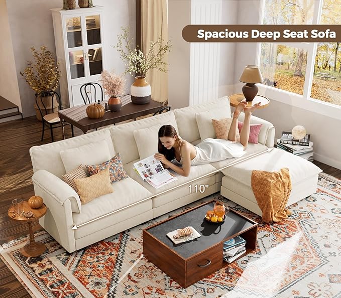 ELUCHANG 113 L Shaped Modular Sectional Couch Comfy 4-Seat Cloud Couch with Movable Ottoman Deep Seat Sofa Couches for Living Room Apartment DIY Combination Chenille Beige