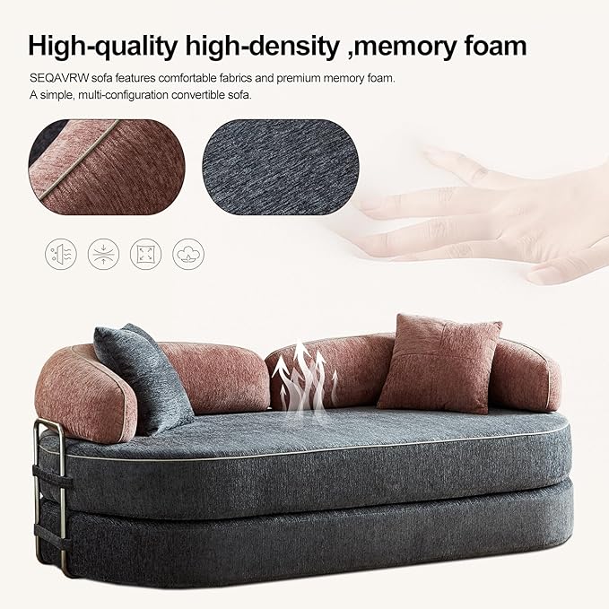Convertible Sofa Bed with Fixed-Shape Frame 4-in-1 Combination Folding Pull Out Couch Futon Couch in a Box Modular Floor Sleeper Sofa Bed for Living Room Bedroom (2 Pillows PinkGrey)