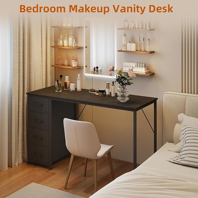 Somdot 47 Computer Desk with 4 Drawers for BedroomSimple Home Office Writing DeskGaming Table with StorageModern Work for Home Office Study Living RoomBlack