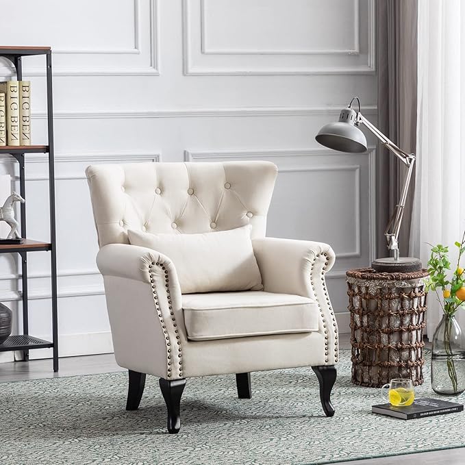Accent Reading Arm Chairs for Living Room Bedroom Midcentury Modern Comfy Corner Sofa Chair Wingback Waiting Room Club Chair with Button Tufted Back &ampLumbar Pillow Linen Beige