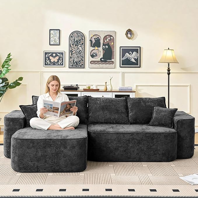 104 Cloud Sectional Couch Modern Modular L Shape Sectional Sofa with Deep Seat Chaise Comfy Chenille Boneless Couches for Living Room (Black Left Chaise)