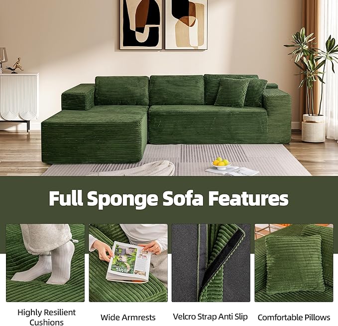 HOMREST 106 Cloud Sectional Couch with Chaise Lounge L-Shape Modular Sectional Boneless Sofa with Deep Seat Upholstered Couches for Living Room Bedroom No Assemble Green (Plush Corduroy Fabric)