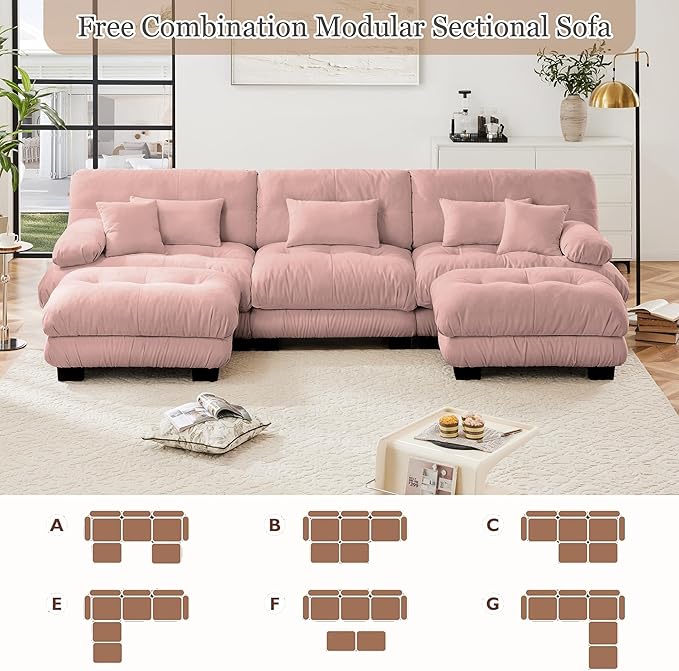 Luxury Modular Sectional Sofa 133.8 Oversized U Shaped Sofa with 5 Pillows Deep Seat Soft Cloud CouchChenille Comfy Couches for Living Room (Pink 3 Seat + 2 Ottoman)