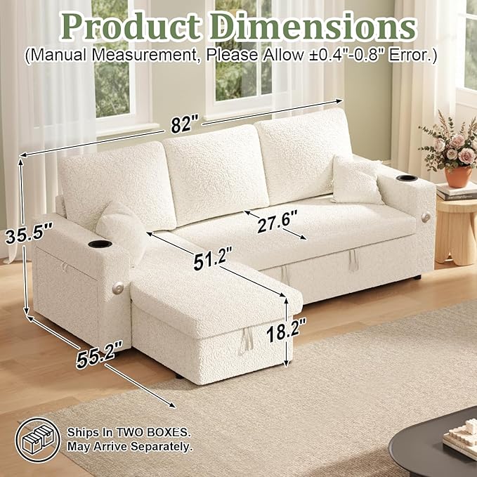 82 Inch L-Shape Sectional Couch 4-in-1 Multifunctional Pull-Out Couch Sleeper Sofa with Storage Chaise Charging Station Cup Holder for Living Room/Office/Apartment (White)