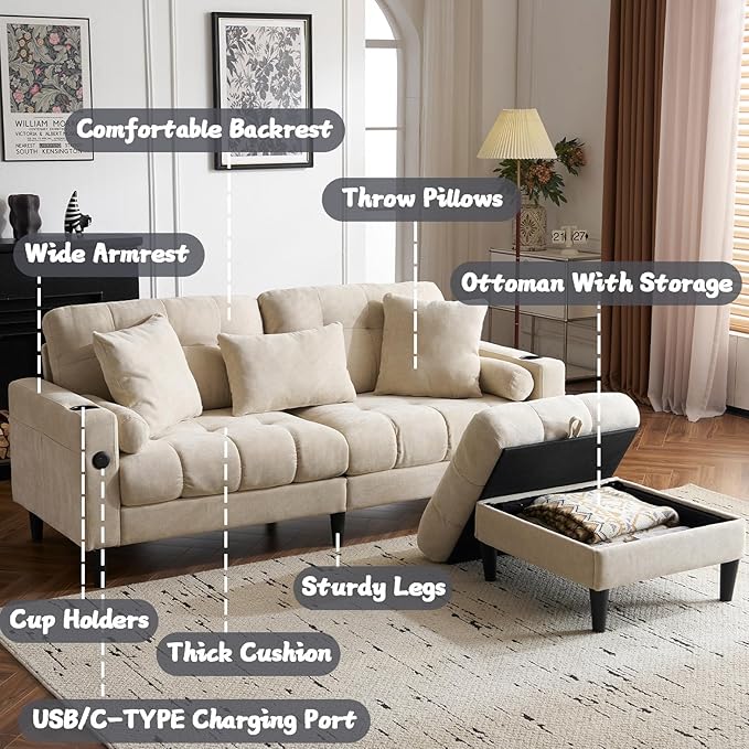 77 Beige L-Shaped Sofa with Storage Footrest Chenille Sofa with 2 Cup Holders and Charging Station for Small Spaces Comfortable Cloud Area 3 Sofa (Beige)