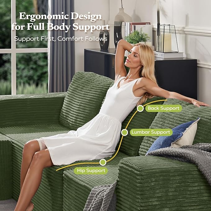 106 3-Seater Sofa Cloud Modular Sofa with Certified Foam Upholstered Floor Sofa with Deep Seat Sofa for Bedroom Living Room No Assembly Required (Green Plush Corduroy Fabric)