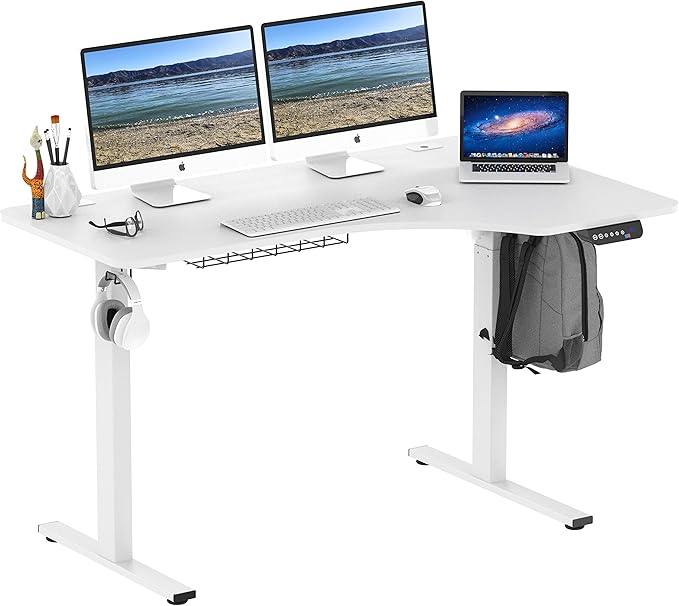 SHW 55-Inch Large Electric Height Adjustable L-Shaped Standing Desk with Right Facing Corner White