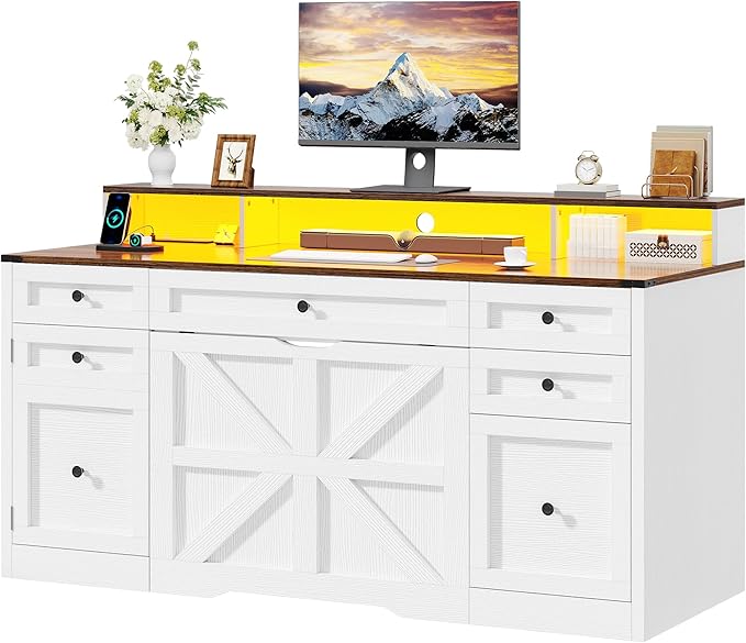 YITAHOME Computer Desk Stool Set with 5 Drawers Office Desk with Power Outlets &amp LED Lights Farmhouse Wood Desk Home Office Desks with Storage Cabinet &amp Monitor Stand for Work Study Antiqu