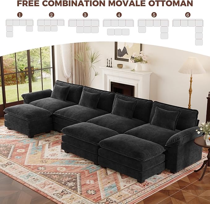 HUSFU 154 Cloud Couch Modular Sectional Sofa with Ottoman 4-Seat Modern Chenille Upholstered U-Shaped Deep Seat Sofa Couch for Living Room Bedroom and Apartment Black
