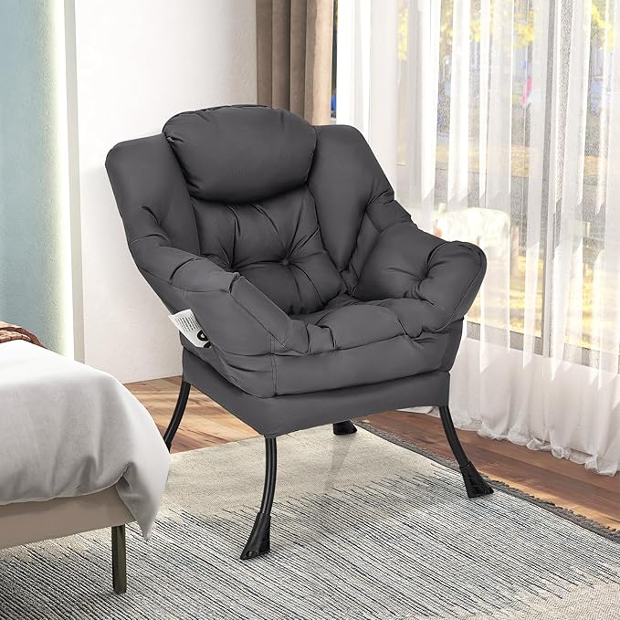 GORELAX Modern Lazy ChairUpholstered Lounge Accent Chair Single Leisure Sofa Chair with Armrests &amp Side Pocket Comfy Reading Chair for Bedroom Living Room Dorm Room (Grey)