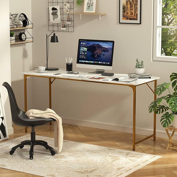 63 Inch Large Computer Gaming Desk Modern Simple Style Office Computer Table for Bedroom Writing Work Study Table with Metal Frame for Home Office Large Legroom Gold