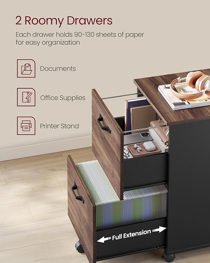 VASAGLE 2-Drawer File Cabinet Small Rolling Filing Cabinet for Home Office Printer Stand for A4 Letter-Size Documents 15.7 x 16.5 x 27.6 Inches Natural Walnut and Ink Black UOFC040K01
