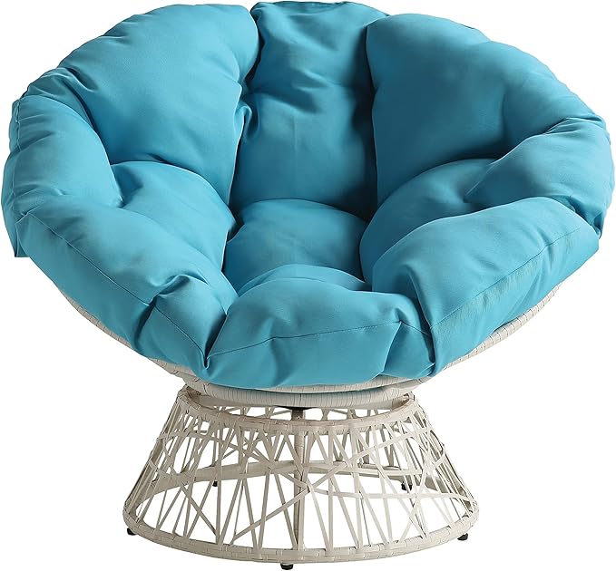 OSP Home Furnishings Wicker Papasan Chair with 360-Degree Swivel Cream Frame with Blue Cushion
