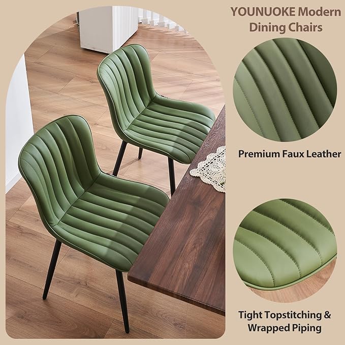 YOUNUOKE Mid-Century Modern Dining Chairs Set of 2 Olive Green PU Leather Upholstered Kitchen Chairs with Black Metal Legs Armless Accent Side Chair for Dining Room Guest Reception Room