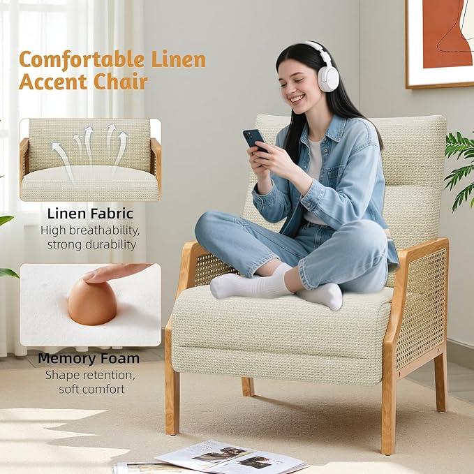 Rattan Accent Chair Set of 2 Mid Century Modern Armchair with Back Cushions and Ash Wood Legs Arm Chair for Living Room Beige
