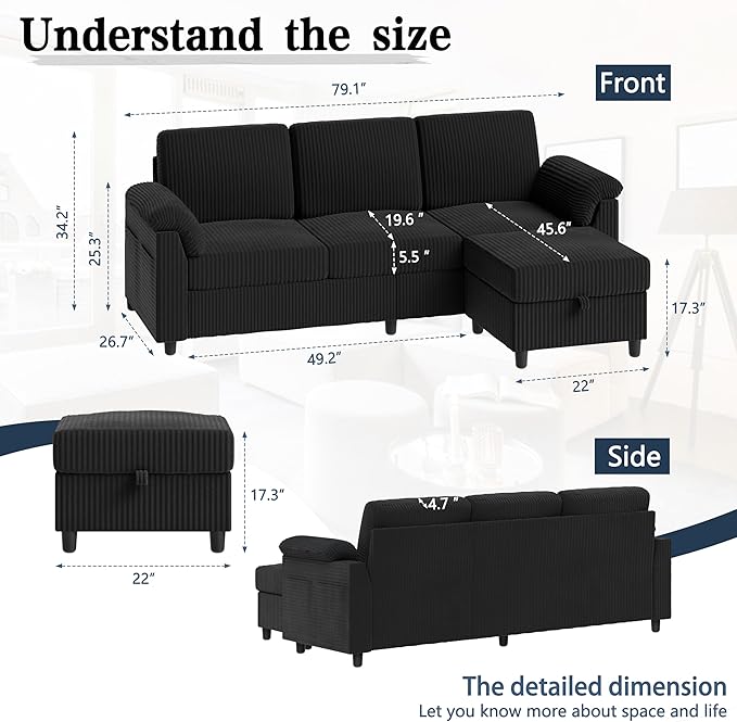 Meilocar Sectional Sofa Couch for Living Room 79 Sectional Couches with Ottoman L Shaped Couch with Armrests Side Storage Pockage 3-Seat Sofa Couches for Apartment Black