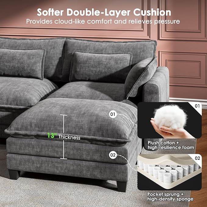 Marsail Modular Sectional Sofa 110.6 U-Shaped Modern Comfy Cloud Couch 5-Seat Chenille Deep Seat Sofa with Throw Pillow &amp Movable Ottoman for Living Room Bedroom and Apartment Grey