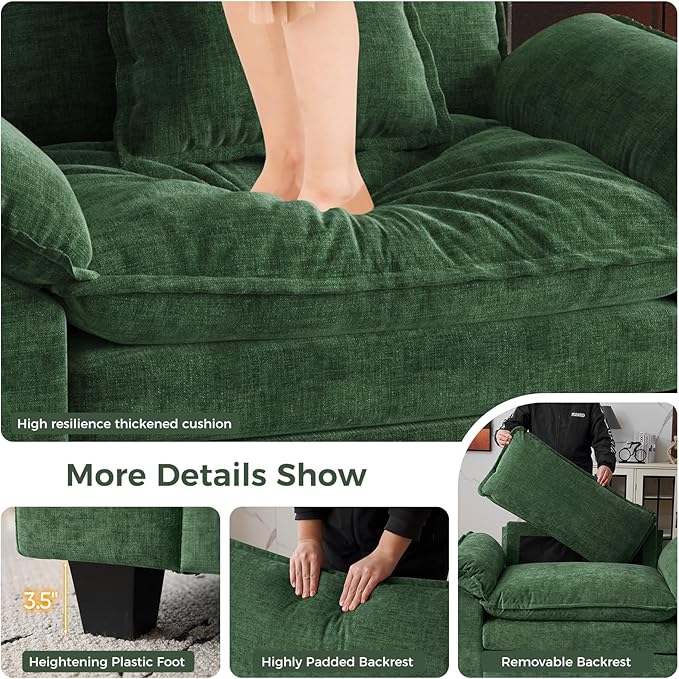 HUSFU 49.5'' W Oversized Accent Chair Chenille Cloud Sofa Chair with Deep Seat and Extra Wide Armrests Comfy Reading Armchair for Bedroom Living Room Set of 2 Green