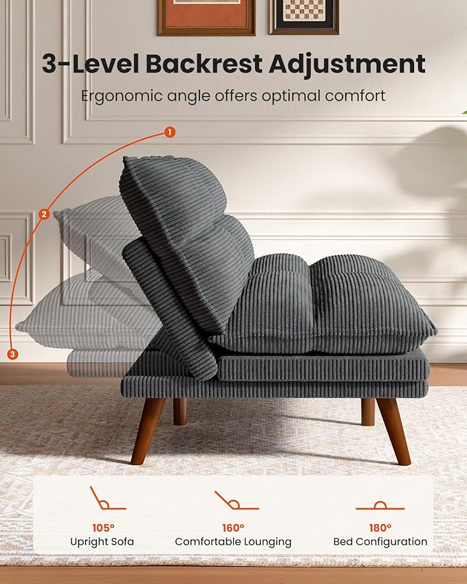 Amada Convertible Futon Sofa Bed - Corduroy Loveseat with Adjustable Backrest &amp Armrests Thickened Seat Cushion Small Space Sleeper Couch for Apartment Study Room &amp Office（Charcoal Gray66