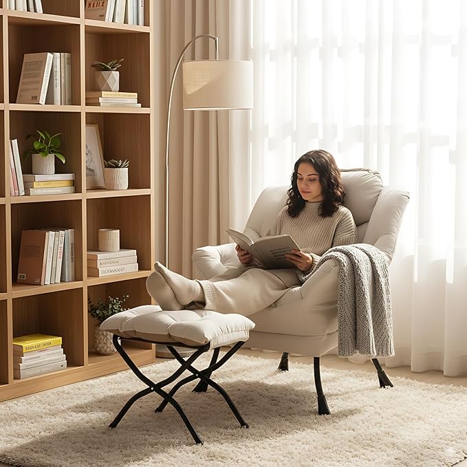 LITA Lazy Chair with Ottoman Modern Accent Leisure Upholstered Sofa Contemporary Lounge Reading Chair with Armrests and a Side Pocket for Living Room Bedroom &amp Small Space Beige