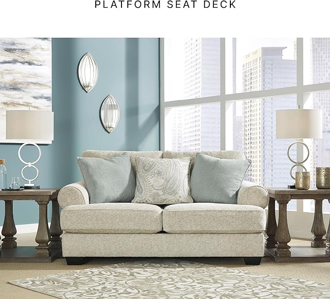 Signature Design by Ashley Monaghan Vintage Loveseat with Accent Pillows Reversible Cushions and Rolled Arms Beige