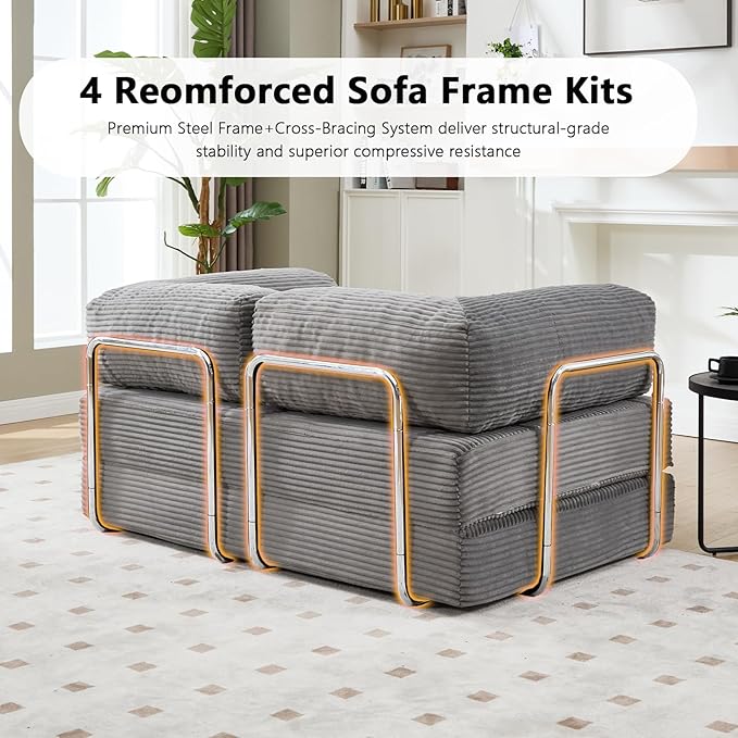 5-in-1 Convertible Sofa Bed 79 Corduroy Folding Sleeper Couch Bed with Steel Frames Boneless Foldable Floor Sofa Bed for Living Room Guest Room No Assembly (Grey)