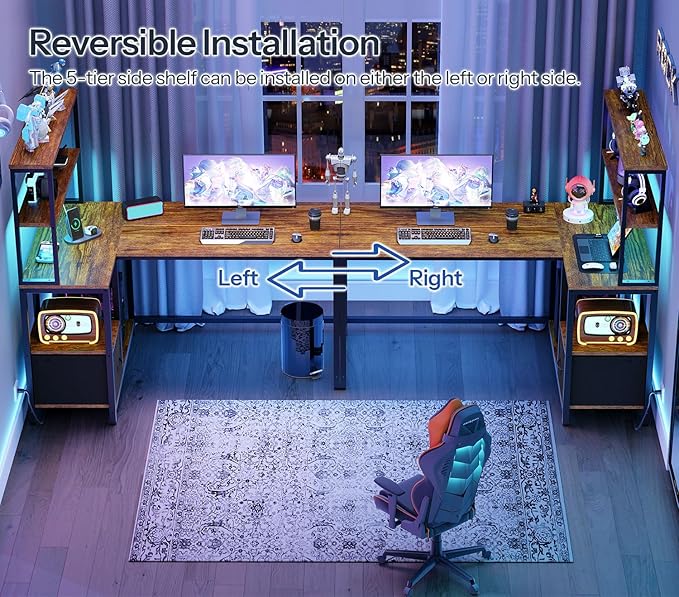 HOOBRO L Shaped Gaming Desk 46 Inch Reversible Computer Desk with LED Light &amp Power Outlet Office Desk with Storage Shelves &amp Drawer for Home Office Study Rustic Brown and Black BF18UDDN0