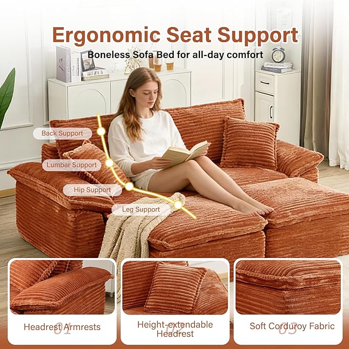 Convertible Sofa BedSleeper Sofa with Deep SeatComfy Corduroy Fluffy Boneless Couch with Movable OttomanCloud Couch for Small PlaceNo Assembly Required.（LoveseatOrange）