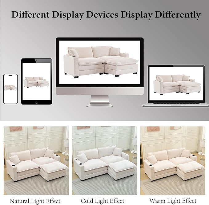 82.7 L Shaped Sectional Sofa with Cup Holders &amp USB Ports Modern Loveseat Cloud Couch with Ottoman for Living Room Apartment Small Spaces Beige Corduroy