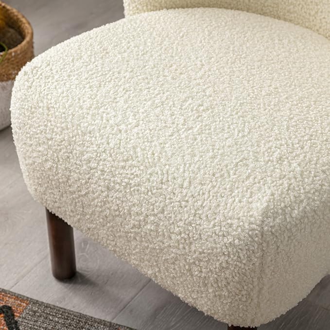 Modern Accent Chair Lambskin Wingback Tufted Side Chair with Solid Wood Legs for Living Room BedroomCream
