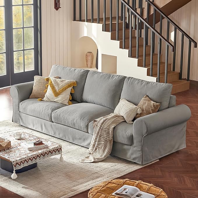118 Oversized 3 Seater Cloud Couch Farmhouse Comfy Slipcoverd Sofa with Rolled Arms Washable Couches with Deep &amp Wide seat for Living Room Gray