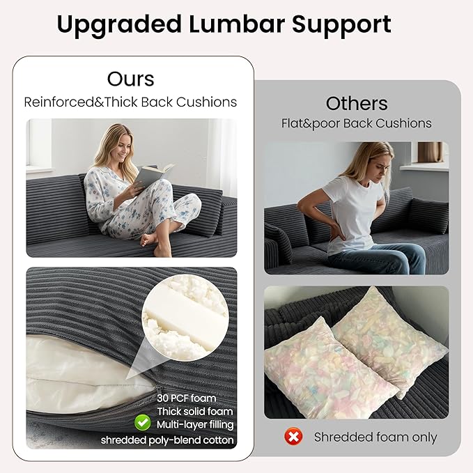 106 Cloud Sectional Boneless Couches for Living Room Modular L Shaped Couch with Deep Seat Oversized Left Facing Chaise Memory Foam Compressed Spineless 3 Seater Sofa for Bedroom Apartment Grey