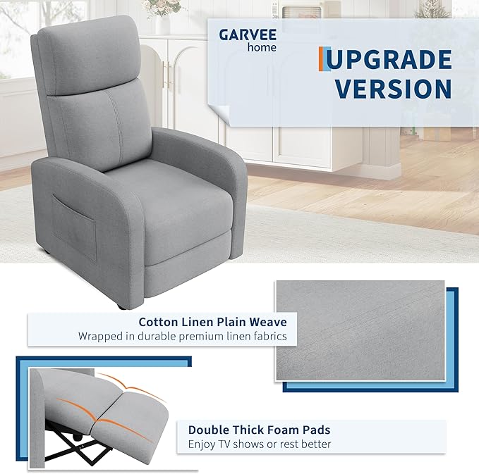 Premium Linen Manual Recliner Chair - High Backrest &amp Thick Cushion for Superior Comfort Adjustable Push Back Recliner with Side Pocket Gray Lounge Chair for Living Room &amp Bedroom