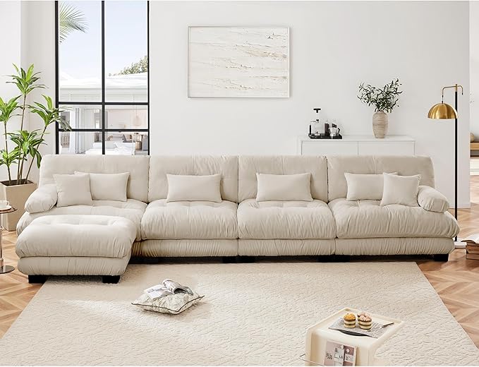 Modular Sectional Sofa for Living Room173 L-Shaped Comfy Couch with Ottoman Oversized 4 Seater Beige Sectional Couches with Pillows Fluffy Couch Set with Deep Seat