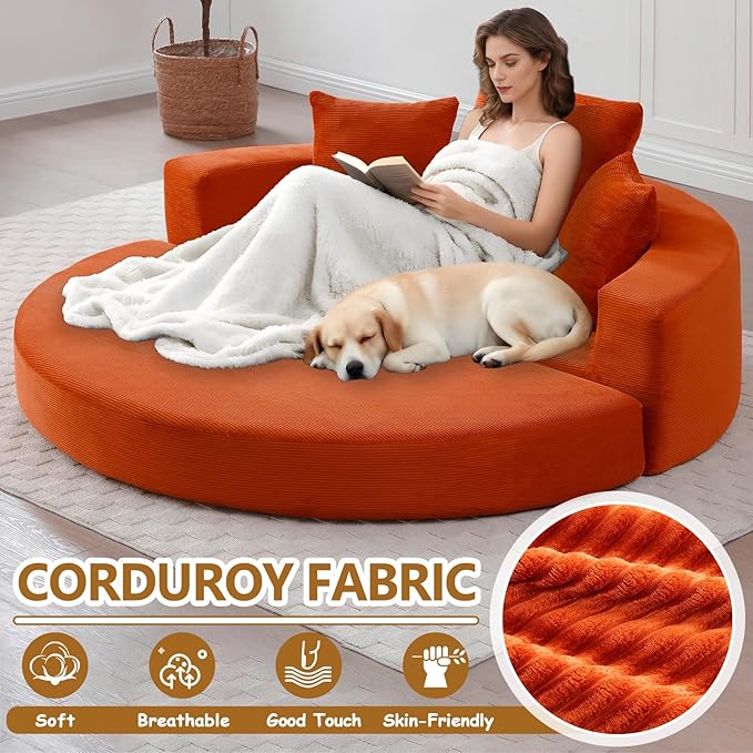 67'' Circular Convertible Compressed Sofa Bed Orange Corduroy Floor Lounge Round Boneless Couch Loveseat Sleeper Sofa Couch with 3 Cushions No Assembly for Apartment Bedroom (Orange 67)