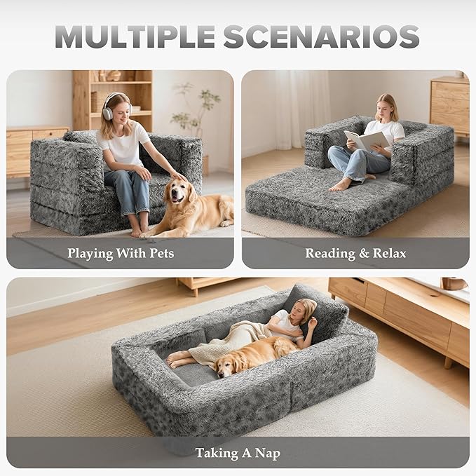 HABUTWAY Convertible Sofa Bed 3-in-1 Futon Sofa Bed with Pillow Foldable Pull Out Floor Sofa Bed with Removable Cover Plush Boneless Couch for Living Room/Bedroom/Dorm(FullLight Grey)