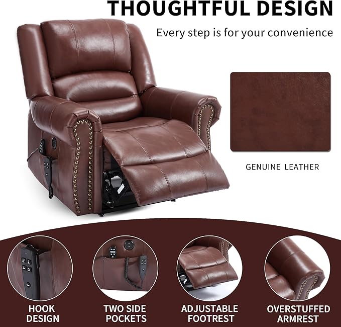 Genuine Leather Power Lift Recliner Chair Lazy Boy Recliner Chair with Charging Ports for Living Room Theater Seating Electric Single Sofa with Round Armrest Red