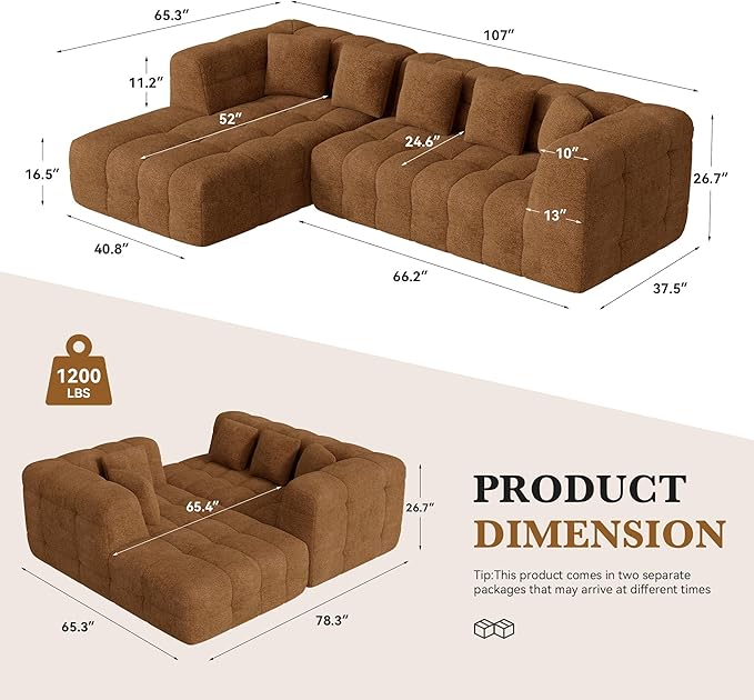 Nalupatio Modern Boneless Couch Cloud Modular Sectional Sofa with L Shaped Chaise Upholstered Comfy Chenille Couch Bed No Assembly Required (107 Brown)