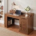 White Farmhouse Desk with Drawers &amp Charging Station Wood Executive Desk with Storage Cabinet &amp Keyboard Tray Computer Desks with Monitor Stand &amp Pegboard for Home Office (Brown)