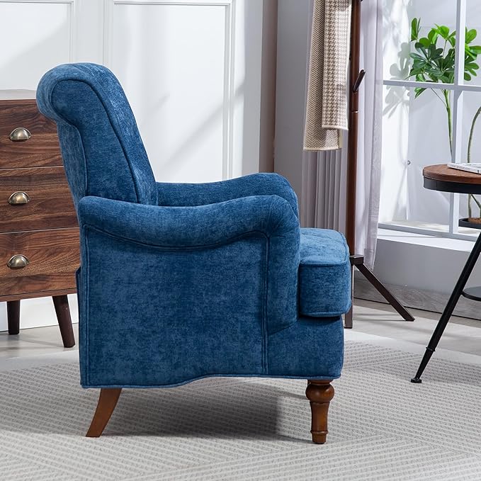 JOSHEN 35.5 Chenille Club Accent ChairUpholstered Fabric Sofa ChairReading Chair with Springs Cushions and Retro Wooden Legs for Living RoomBedroomOfficeBlue