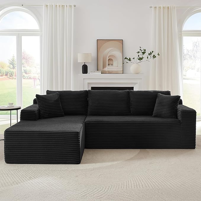 103'' Modular Sectional Sofa with Deep Seat Comfy L Shaped Couch Modern Cloud Couch with Oversized Chaise Corduroy No Assembly Required for Living Room Bedroom Black