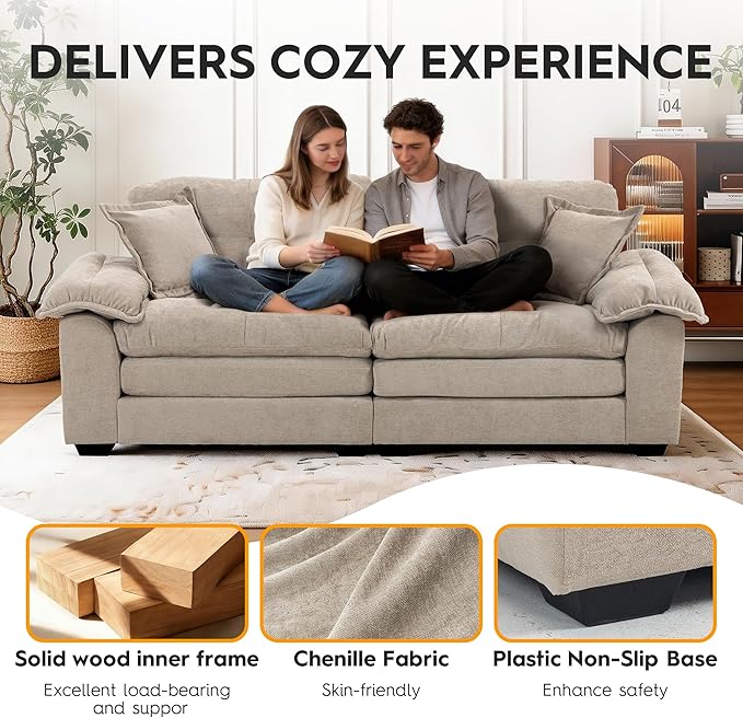Modern 84 Chenille Loveseat Sofa Ultra-Comfy Upholstered Couch with 2 Pillows for Apartment Living Room Bedroom or Home Office (Oatmeal)