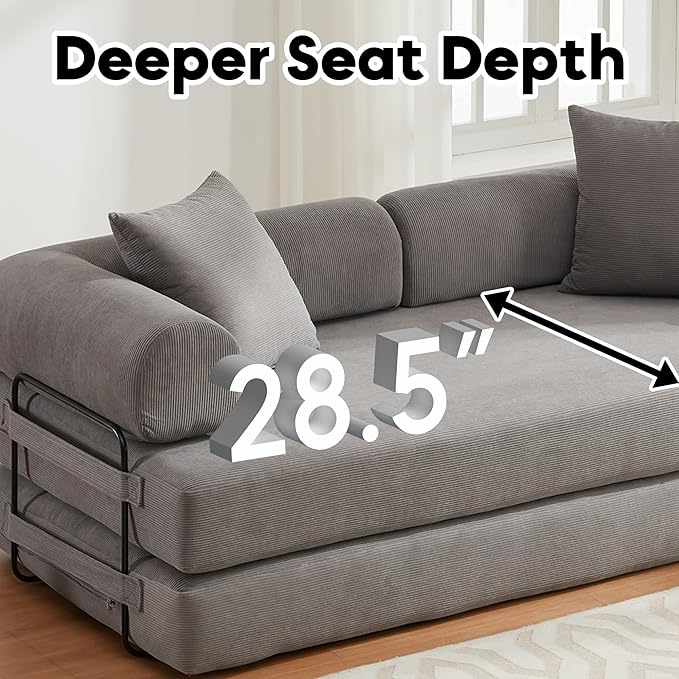 Convertible Sleeper Sofa Bed with Cylindrical Pillow Corduroy Folding Mattress Couch with Fixed-Shape Frame Floor Sofa Lounge Couch for Living Room Bedroom Lounge Studio-Grey