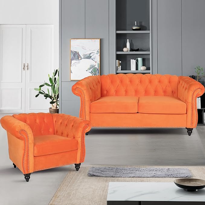 Velvet Loveseat Chesterfield Love Seat Couch 2 Seater Accent Sofa with Rolled Arms Mid-Century Modern Love Seats Tufting Nailhead Trim for Living Room Bedroom Home Theater (Velvet Orang)