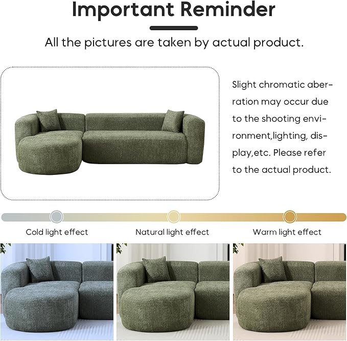 Oversized Sectional Sofa with Chaise with 2 Throw Pillows 109 Modern Luxury Chenille Sofa Extra Wide Seat L-Shape Curved Cloud Couch for Living Room (Left Chaise Green)