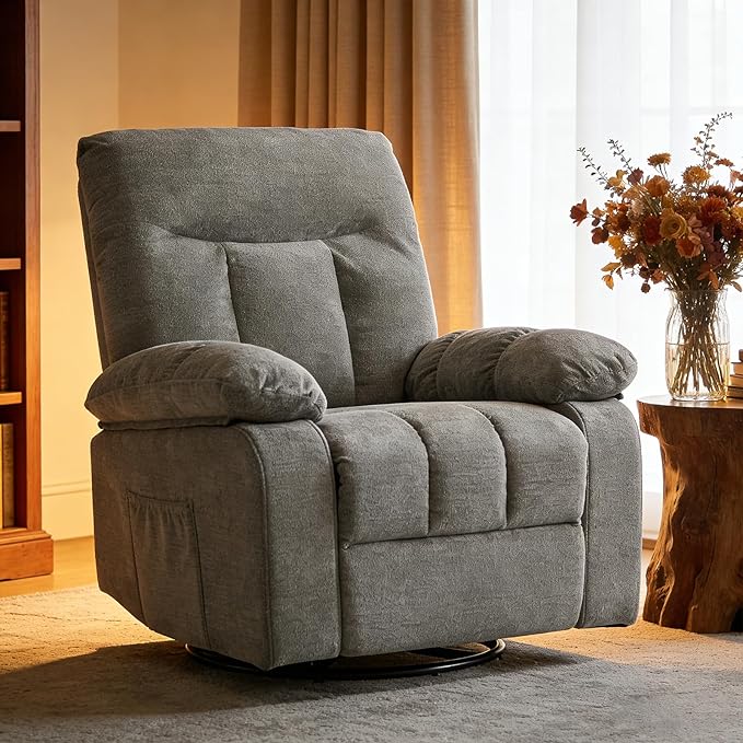 Rocker Swivel Recliner Chair for Adults Single Reclining Sofa Chair with Heated and Full Body Massage Lounge Recliner Glider for Small Living Room Bedroom Light Gray