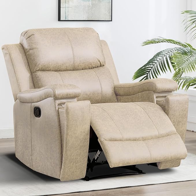 CANMOV Leather Recliner Chair Classic and Traditional Manual Recliner Chair with Overstuffed Arms and Back Manual Single Sofa with Concealed Cup HoldersBeige