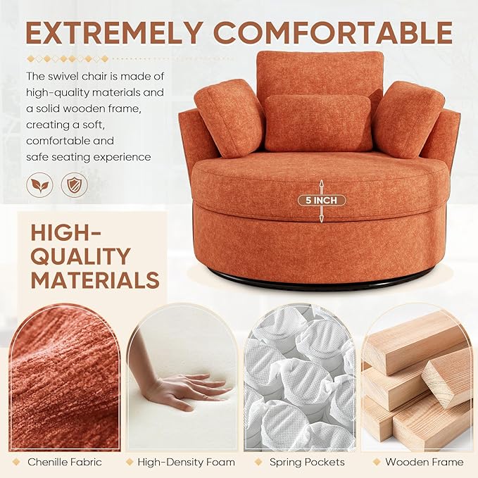 Oversized Swivel Accent Chair with Half Moon Storage Ottoman 42 W Chenille Round Swivel Barrel Chair Modern Upholstered Comfy Single Sofa Armchair for Living Room Bedroom Club(Orange)